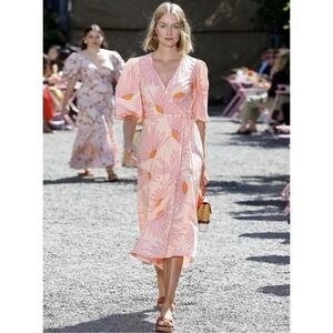 Kate Spade Grand Daisy Floral Puff Sleeve Midi Wrap Dress Size 4 Pink & Orange